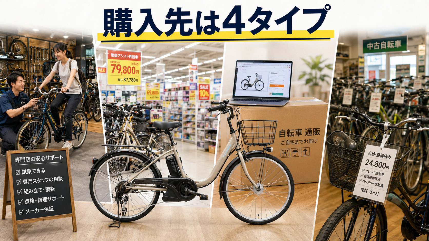 専門店や量販店や通販や中古店で電動アシスト自転車を比較する画像