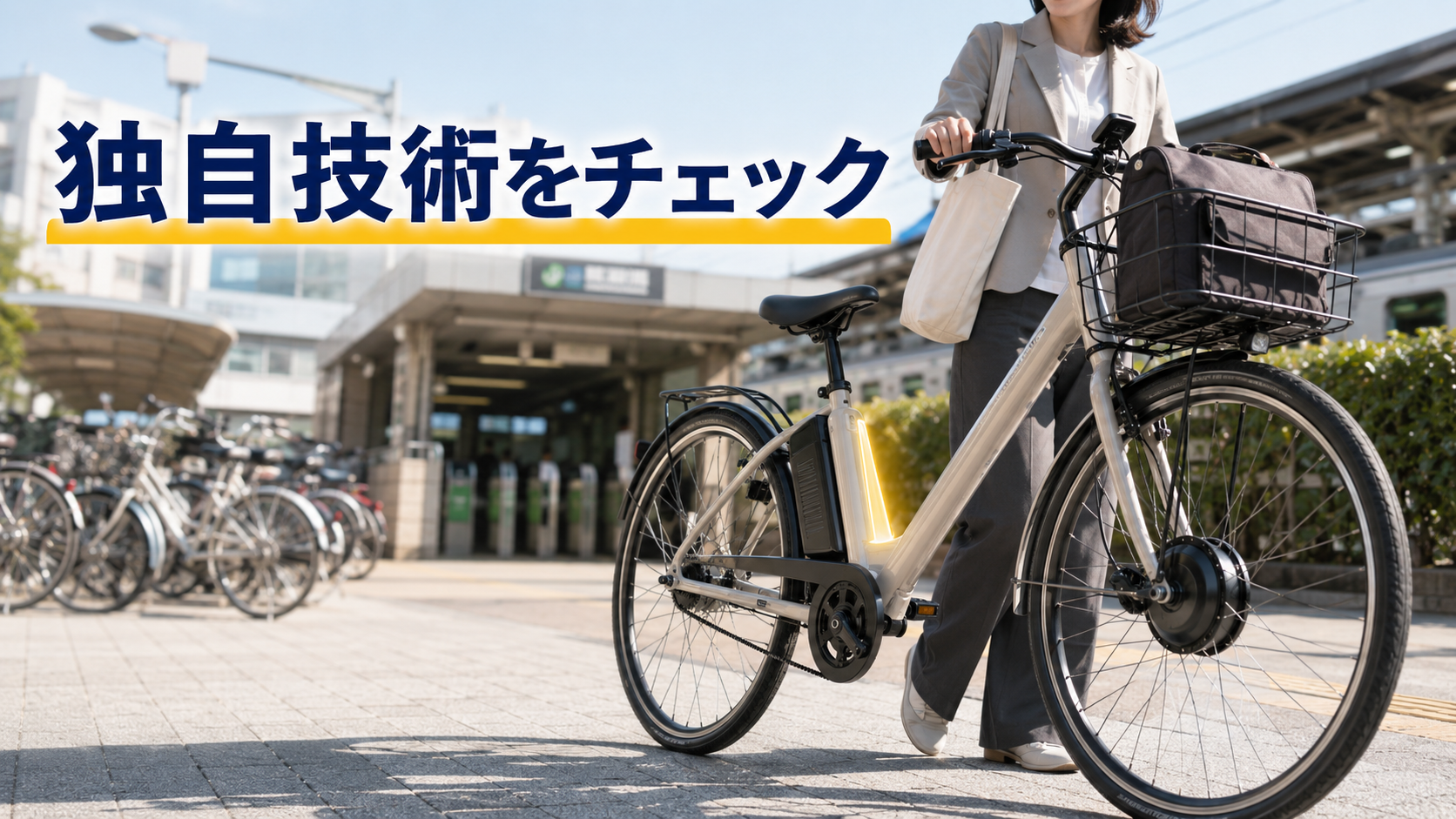 前輪モーターとカーボンベルトを備えた電動アシスト自転車の特徴を表した画像