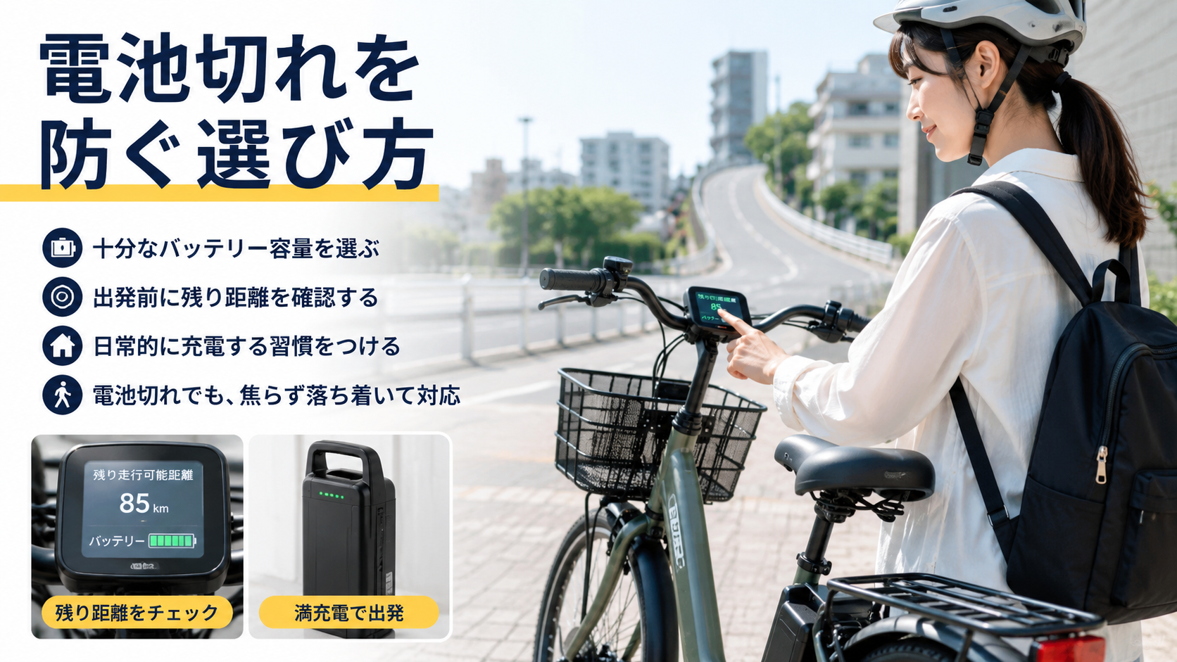 残走行距離とバッテリー残量を確認して電池切れを防ぐ電動アシスト自転車