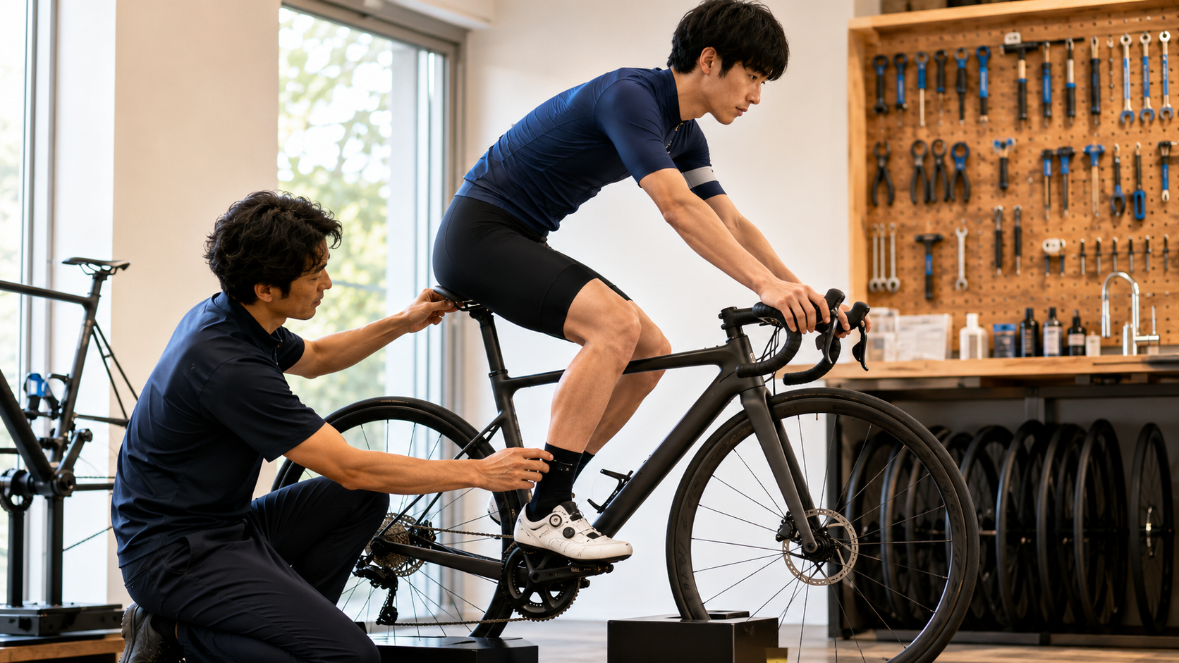 競技用自転車のサドルとハンドルを身体に合わせて調整するフィッティング風景