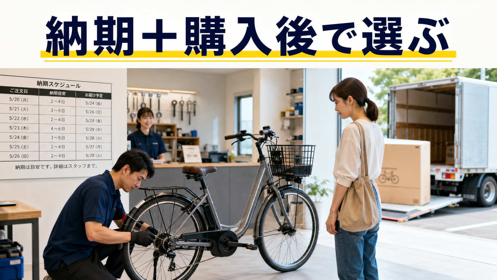 電動アシスト自転車の納車整備と購入後の修理サポートを表す画像