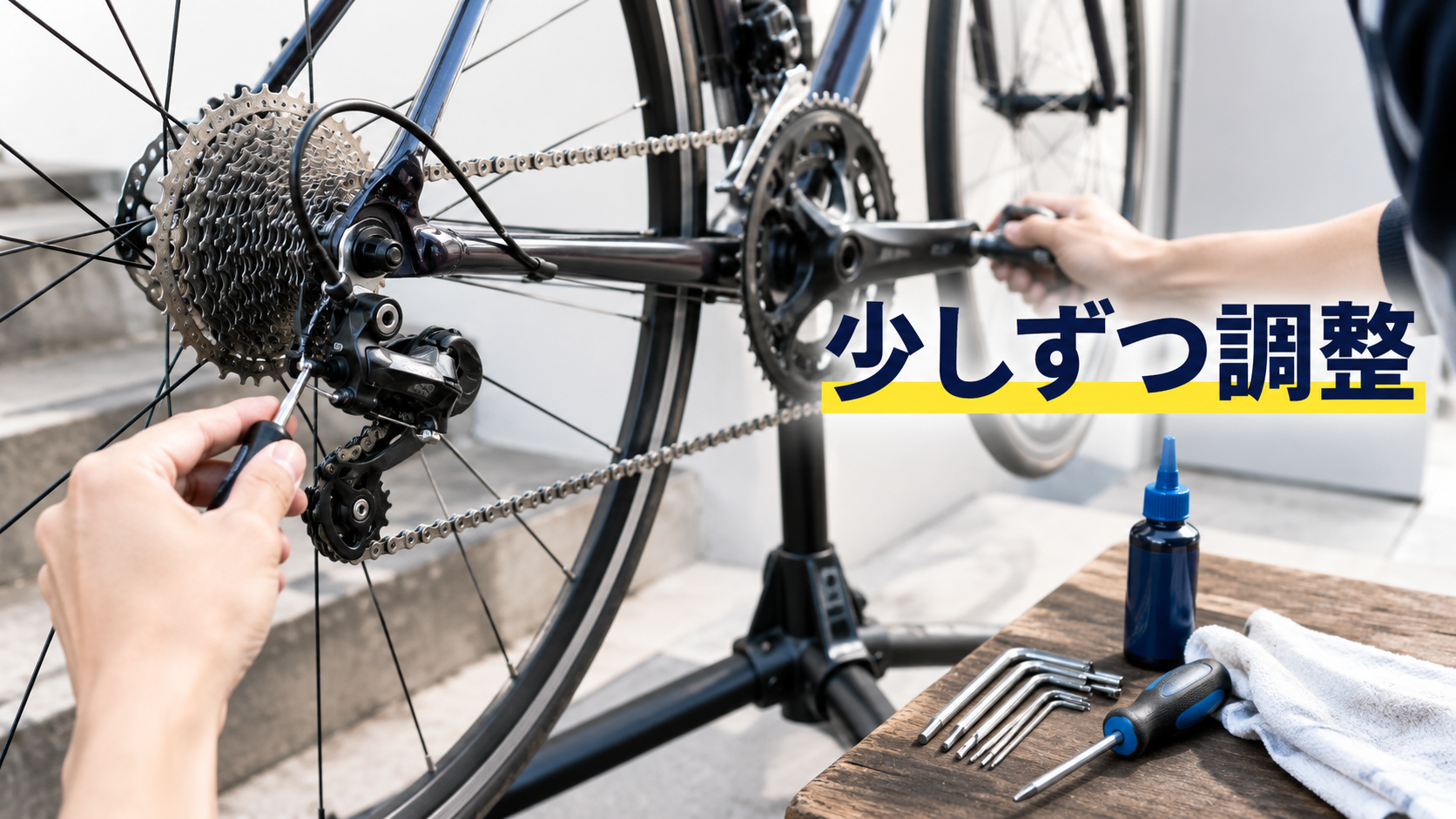 工具を準備して自転車の変速機を少しずつ調整する初心者の様子