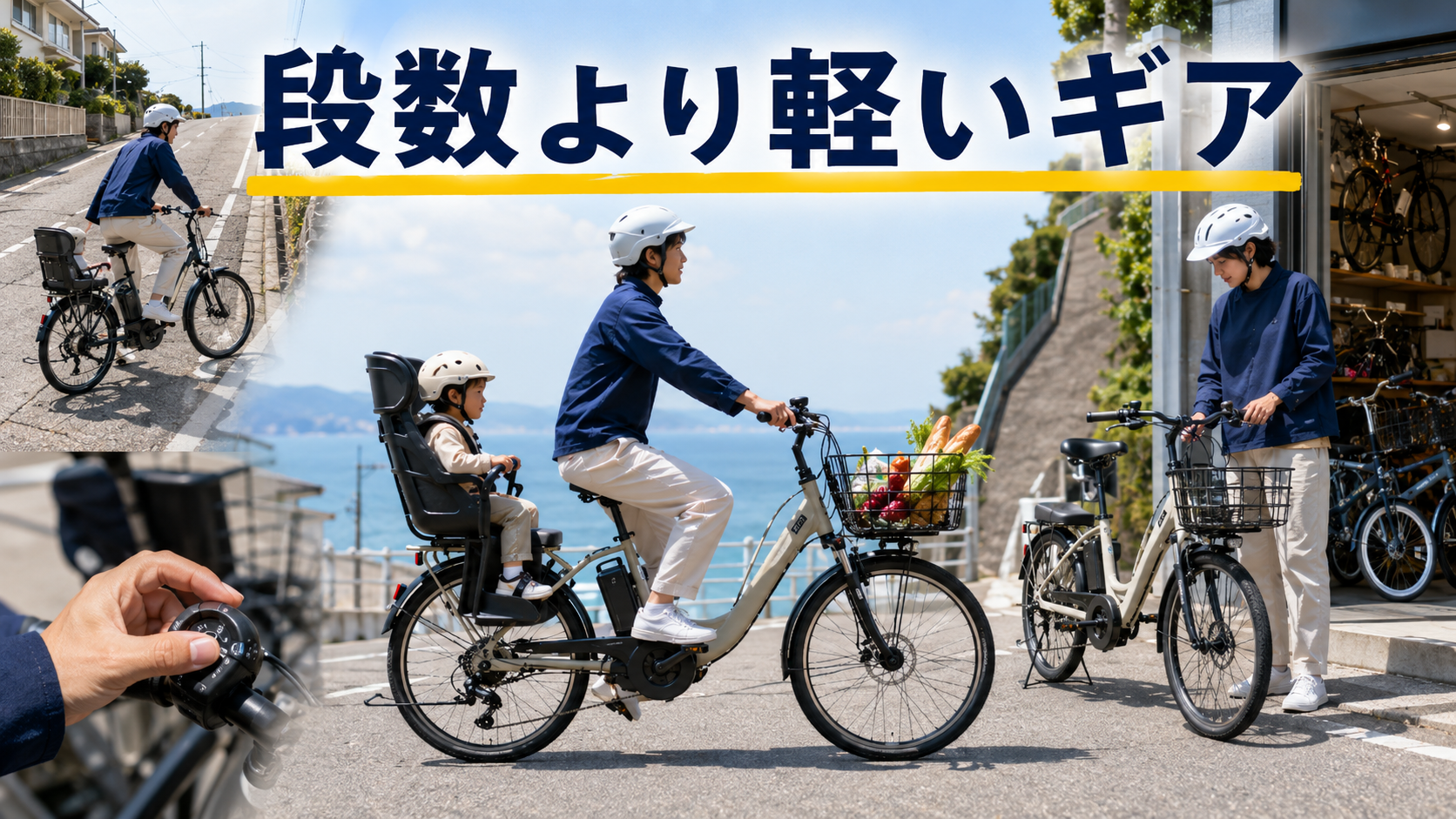 坂道や荷物に合う電動アシスト自転車のギア比を試乗で選ぶ場面