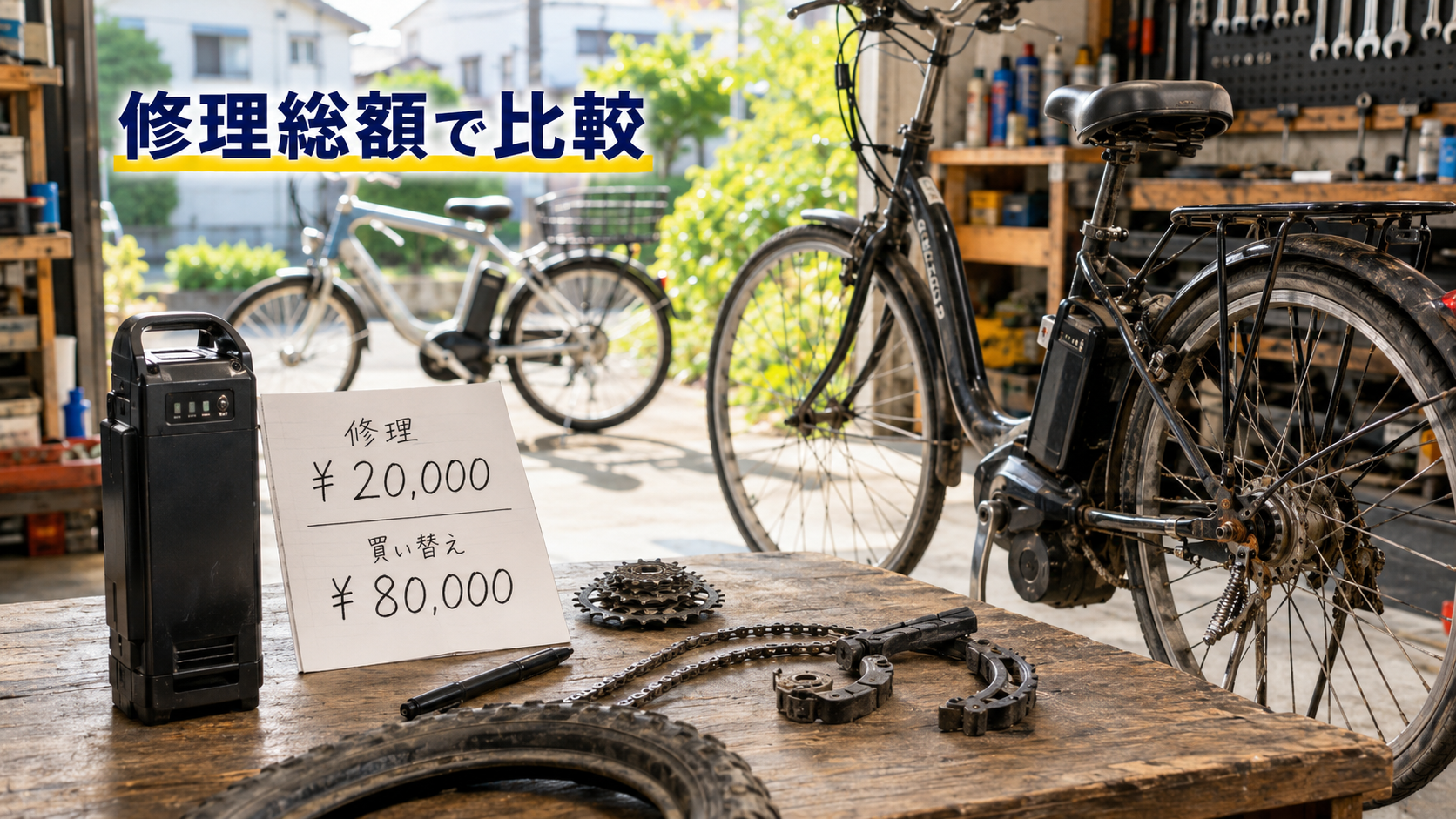 電動アシスト自転車の修理部品と新しい車体を比較する画像
