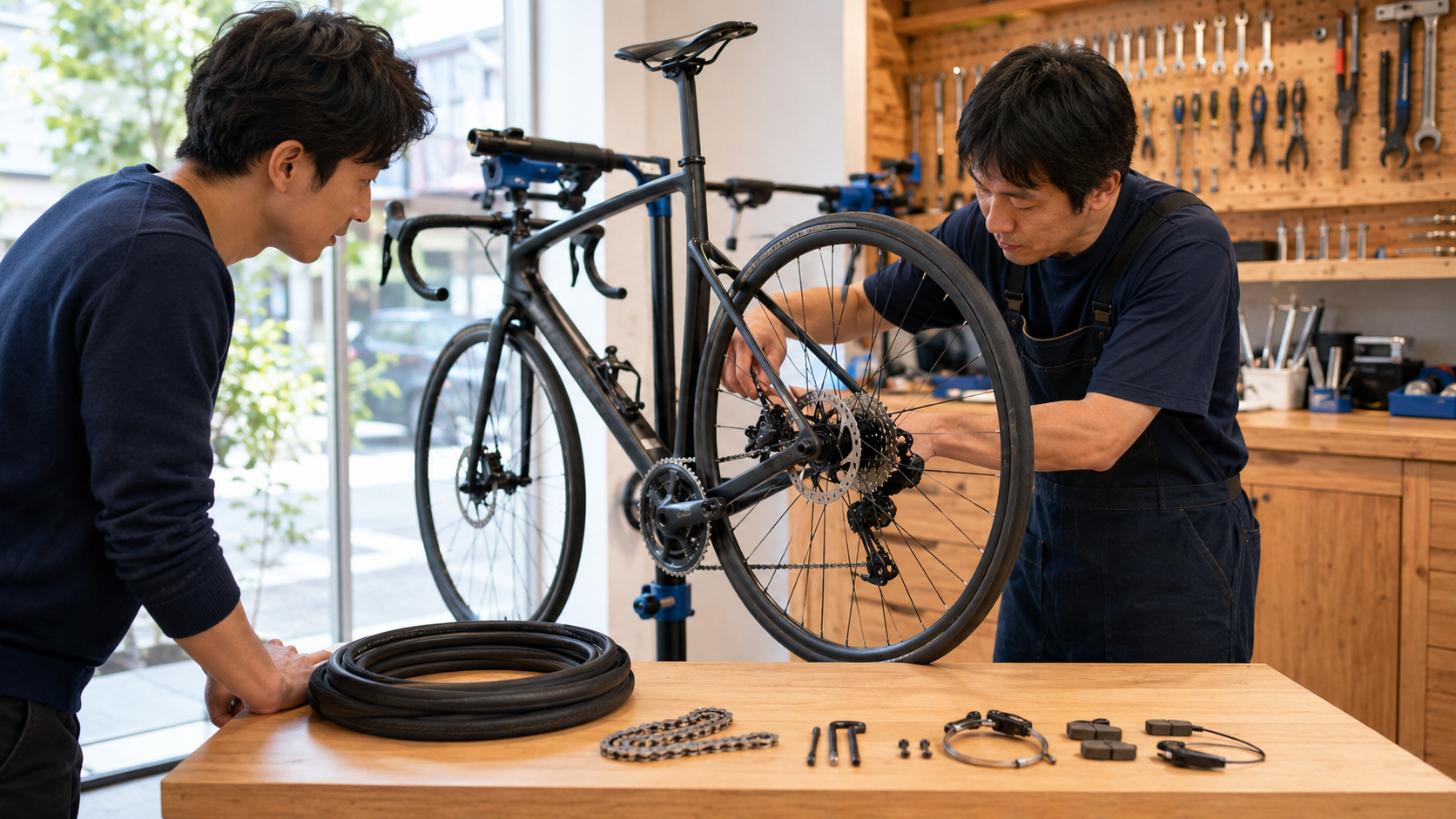 専門店で競技用自転車を整備し消耗部品を確認するメカニック