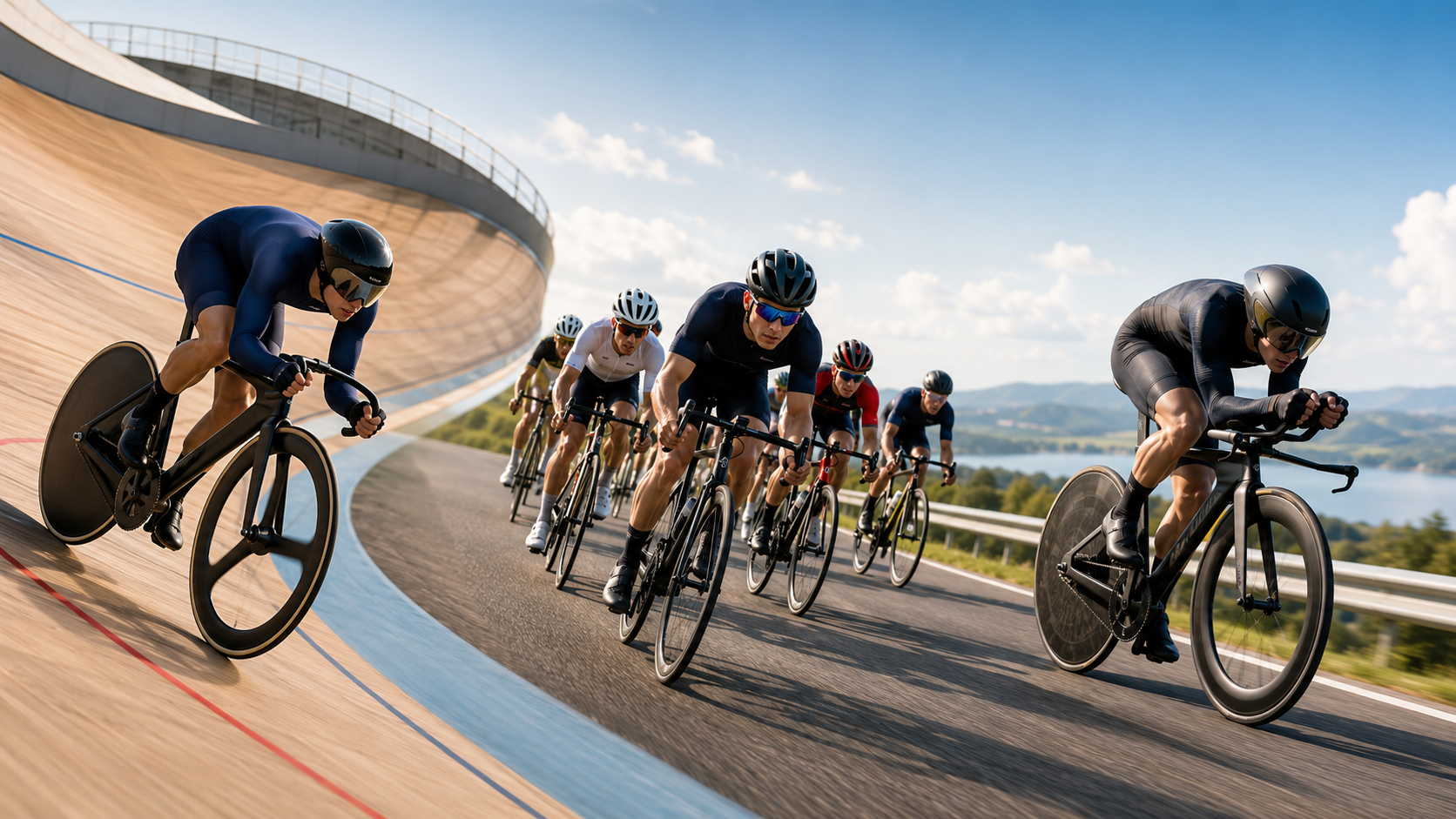 トラック競技とロードレースとタイムトライアルの走行風景