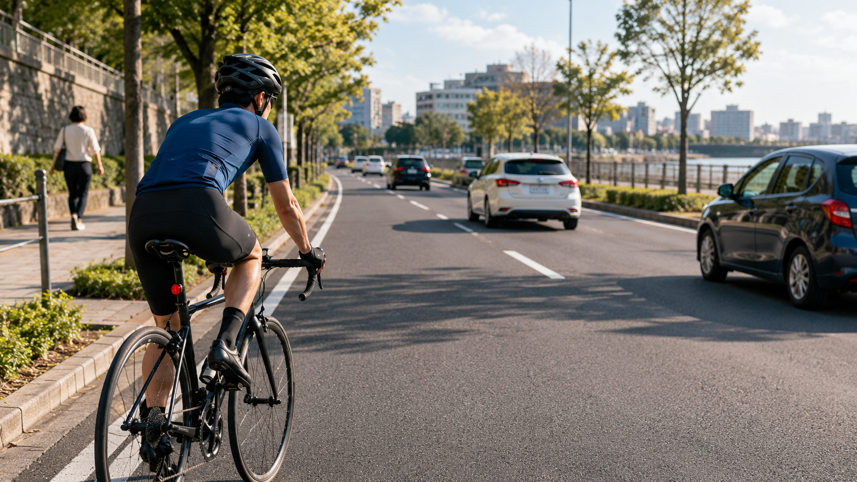 競技用自転車で車道左側を周囲に配慮しながら安全に走る様子