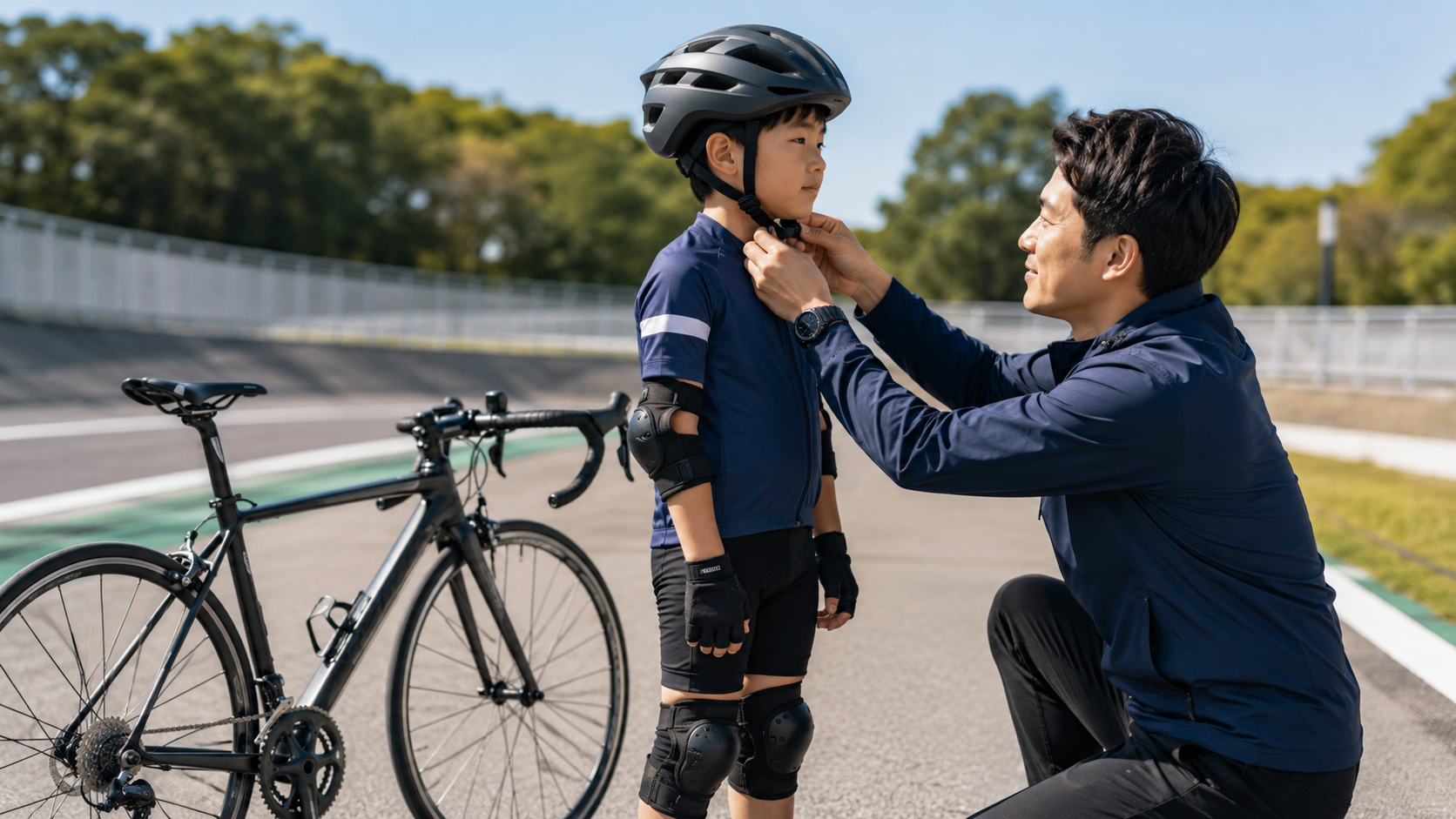 競技前にヘルメットとプロテクターを正しく装着する子供