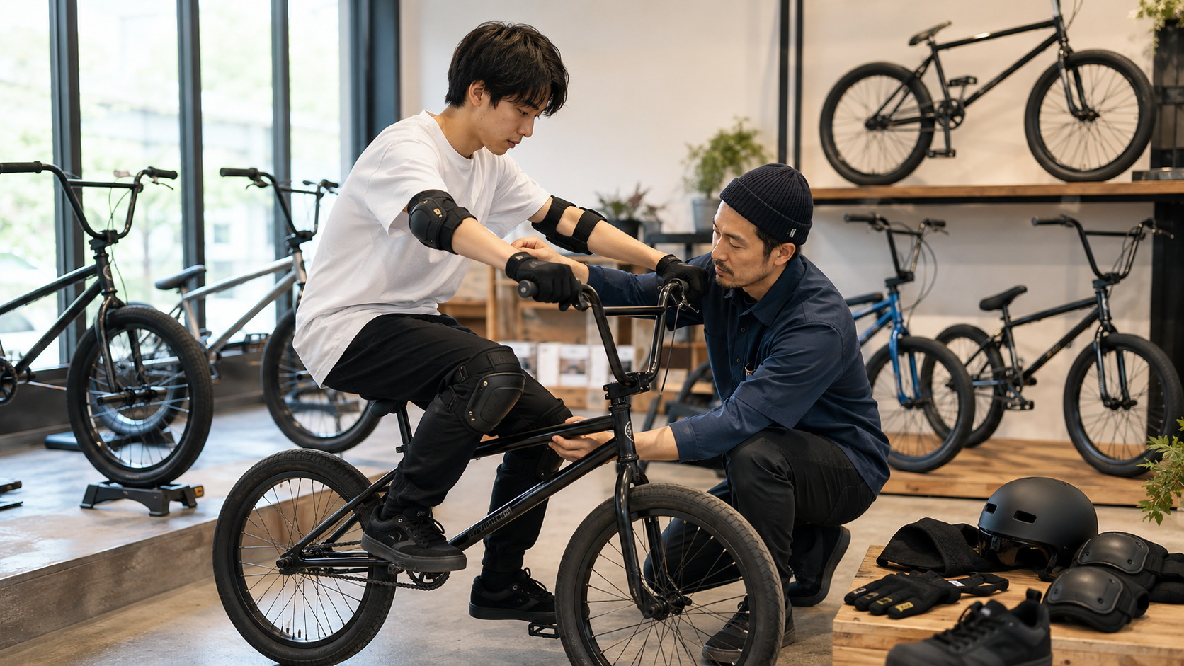 専門店で体格と種目に合う完成車のBMXを選ぶ初心者