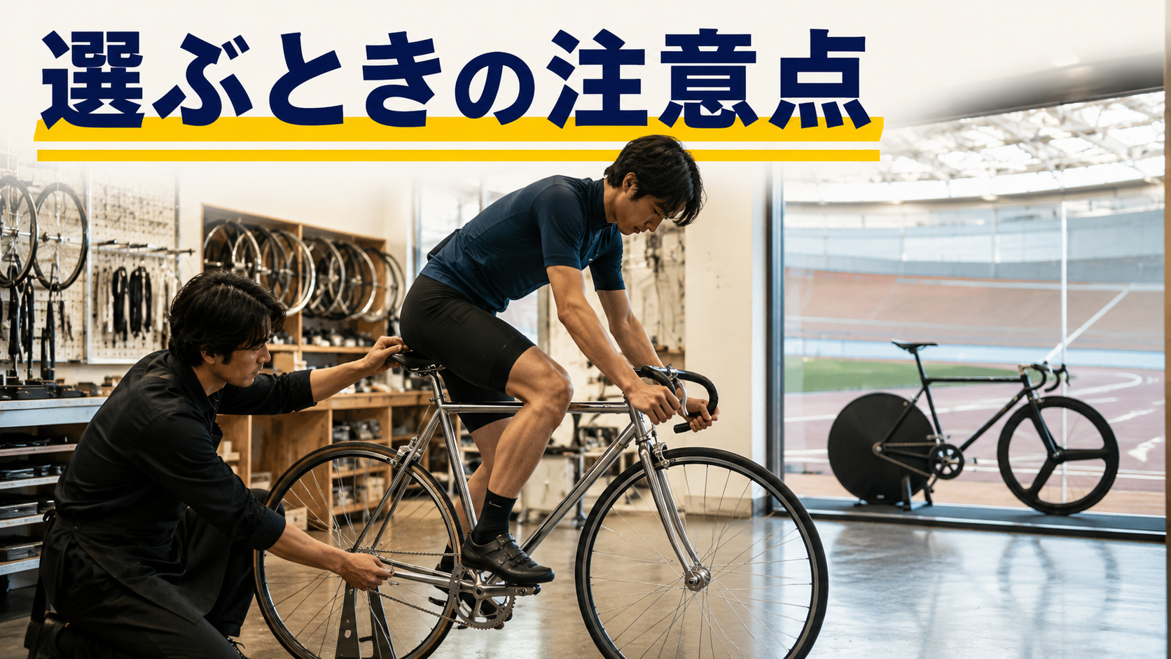 専門店で前後ブレーキと体格への適合を確認してピストを選ぶ様子