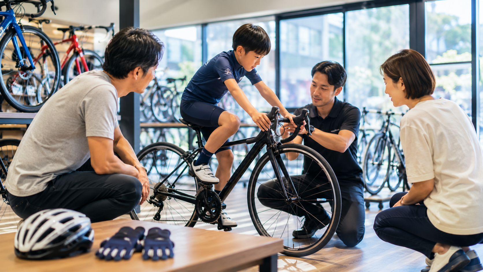 専門店で子供に合う競技用自転車を試乗して選ぶ家族