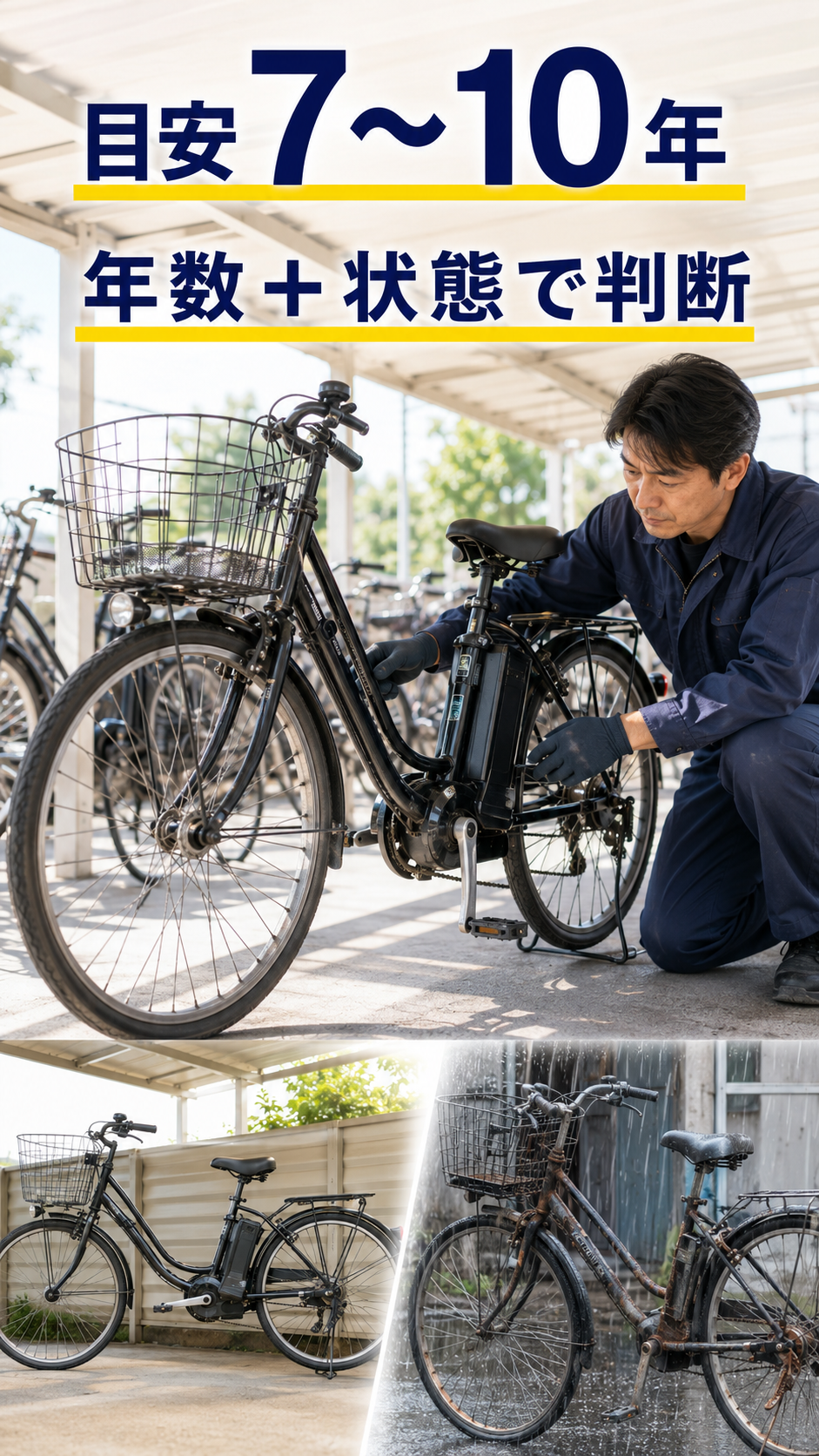 電動アシスト自転車のフレームや車輪を点検し車体寿命を確認する画像