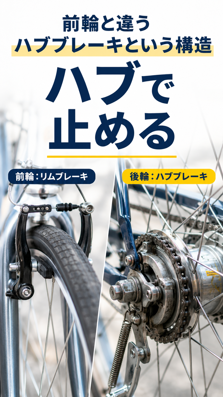前輪リムブレーキと後輪ハブブレーキの構造の違いを示す画像