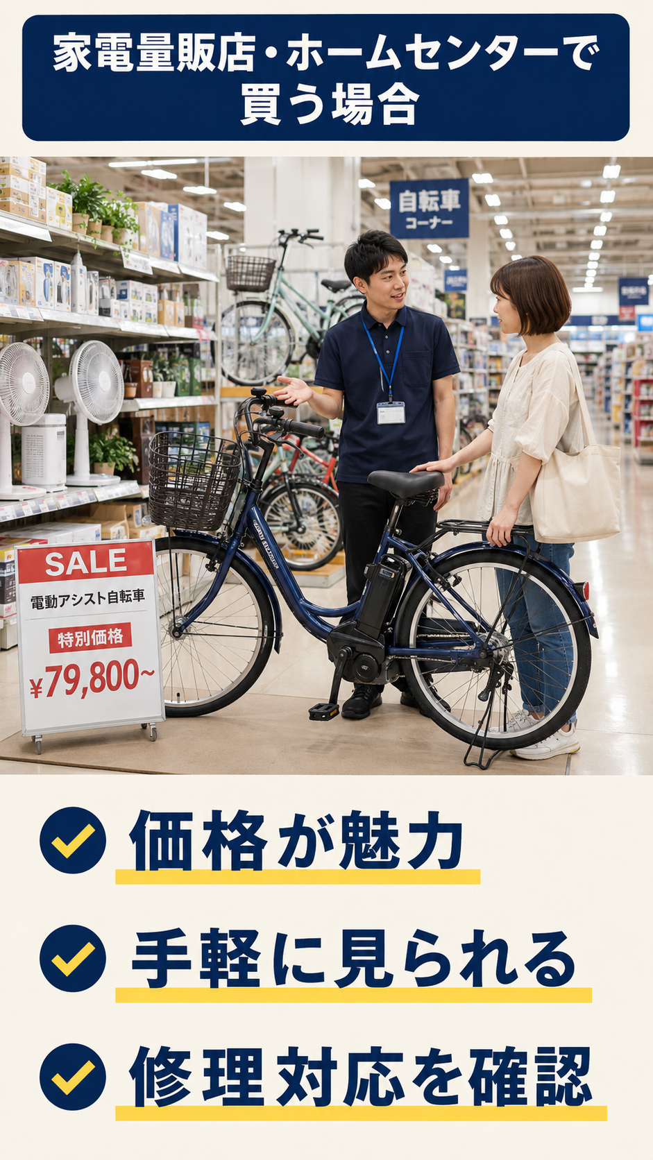 家電量販店やホームセンターで電動アシスト自転車を選ぶ画像