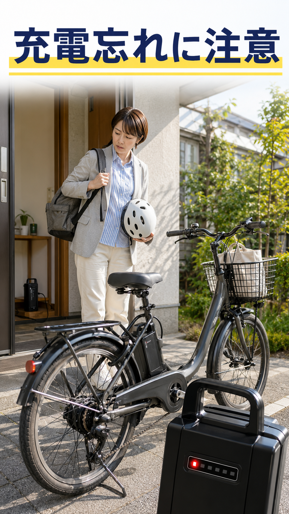 出発前に電動アシスト自転車のバッテリー切れに気づく場面