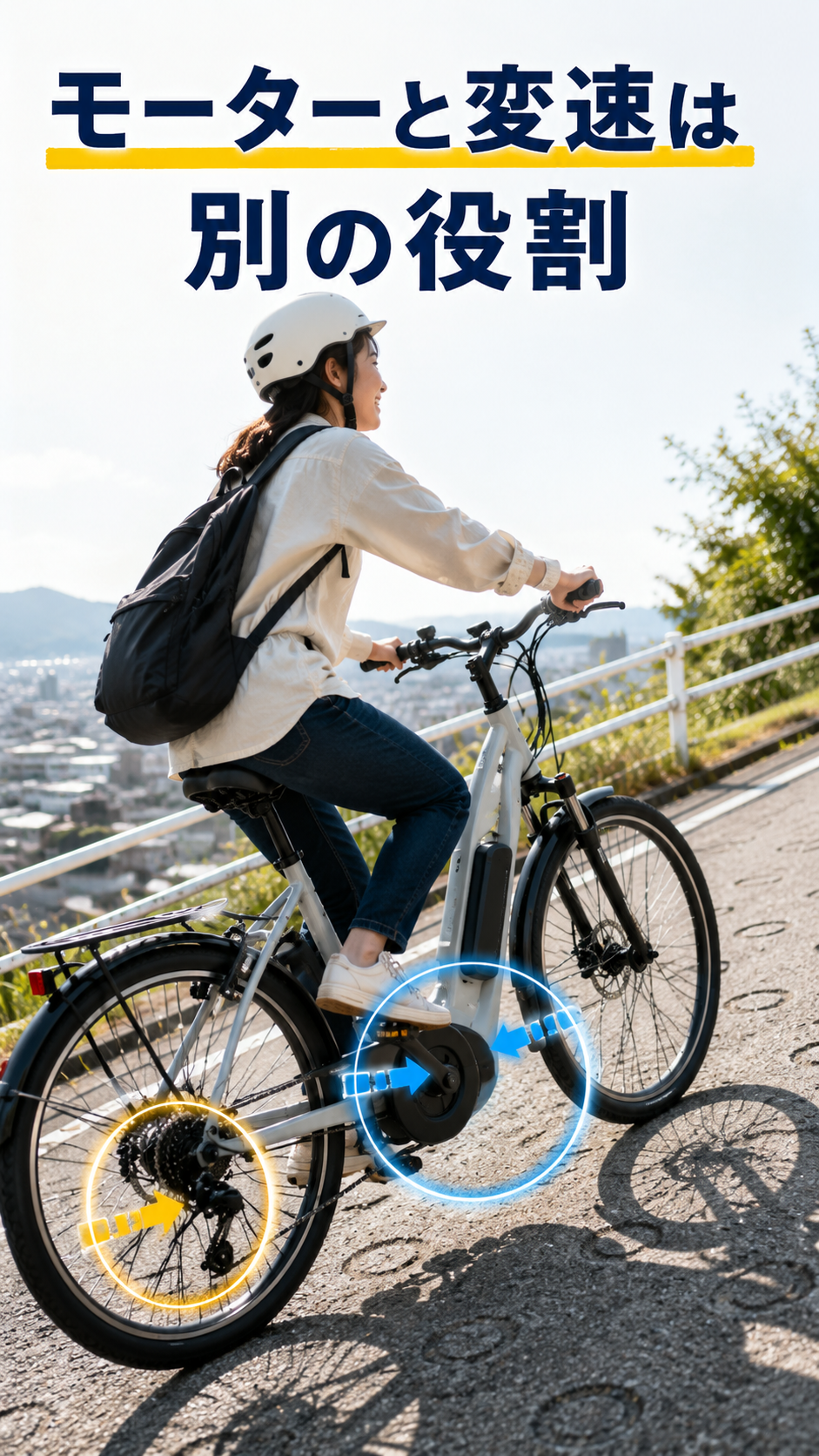 電動アシスト自転車のモーターと変速機の異なる役割を示すイメージ