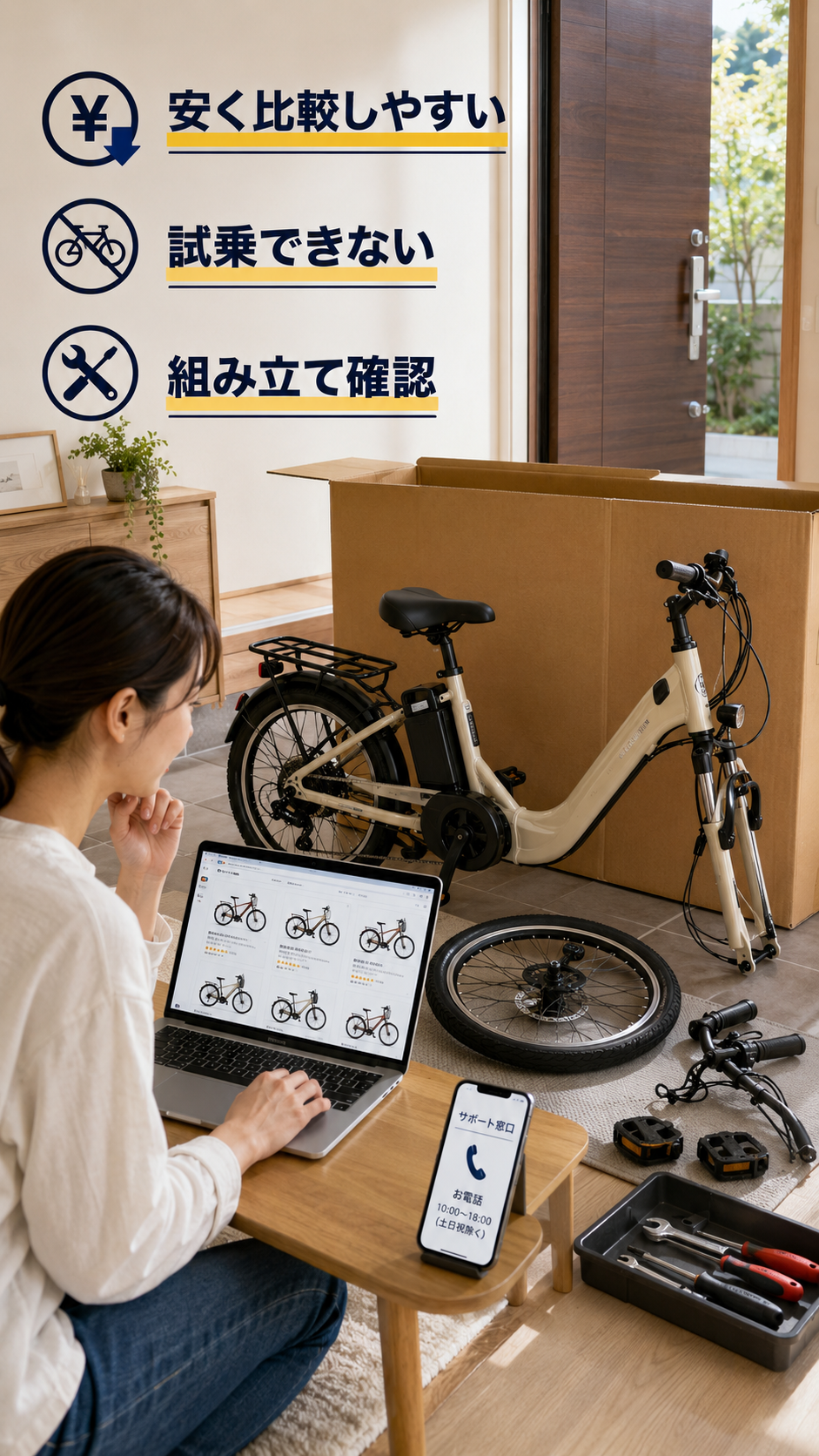 通販で届いた電動アシスト自転車と組み立て部品を確認する画像