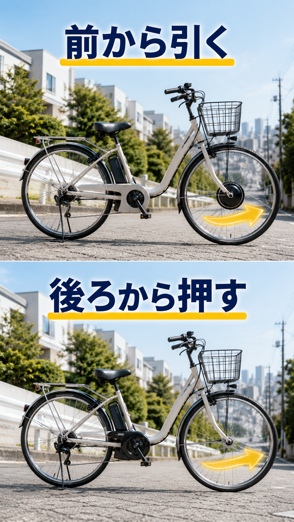 前輪モーターの両輪駆動とペダル付近にモーターがあるセンタードライブの比較画像