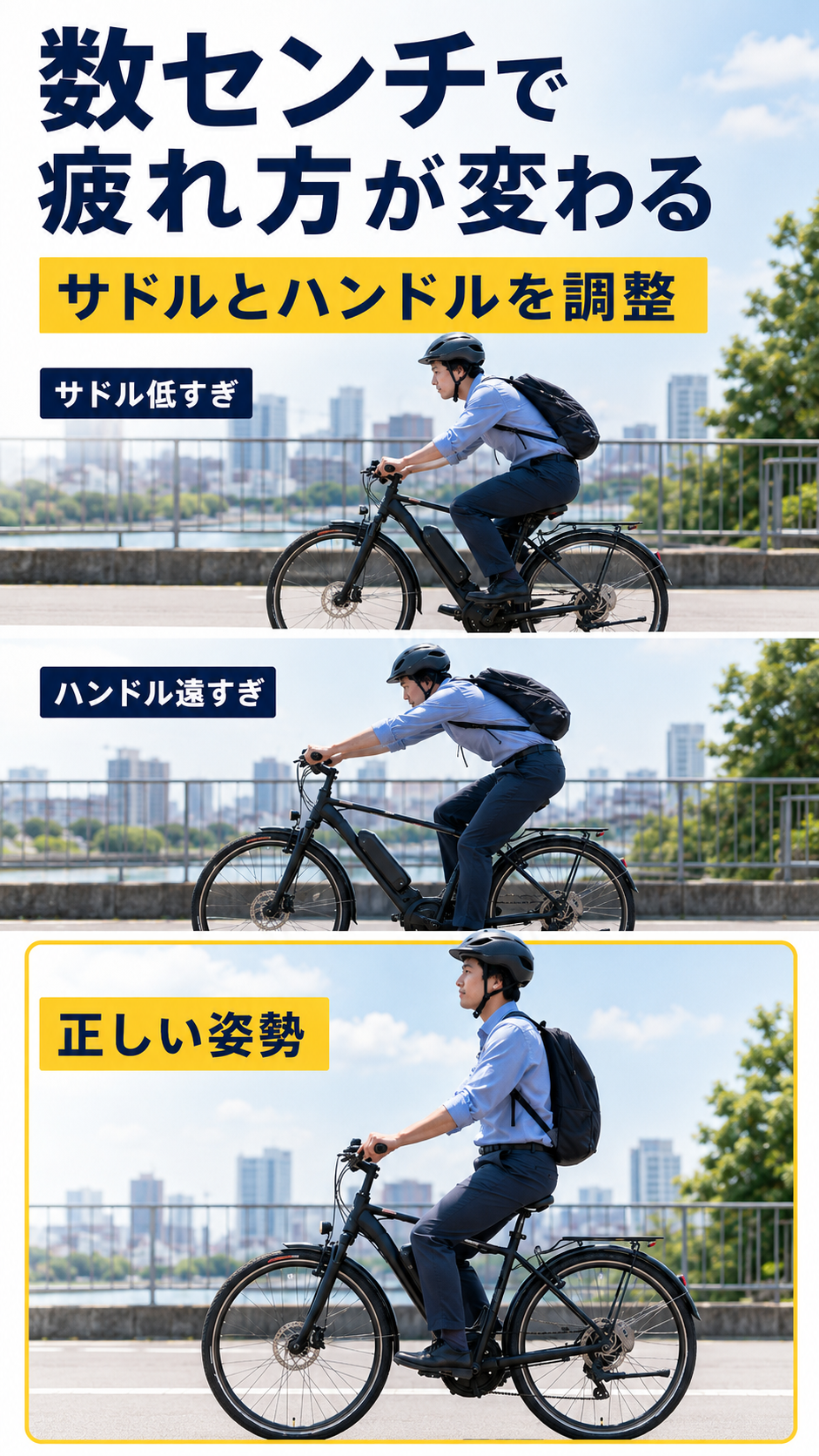 サドルとハンドル位置の違いによる悪い姿勢と疲れにくい姿勢を比較した画像