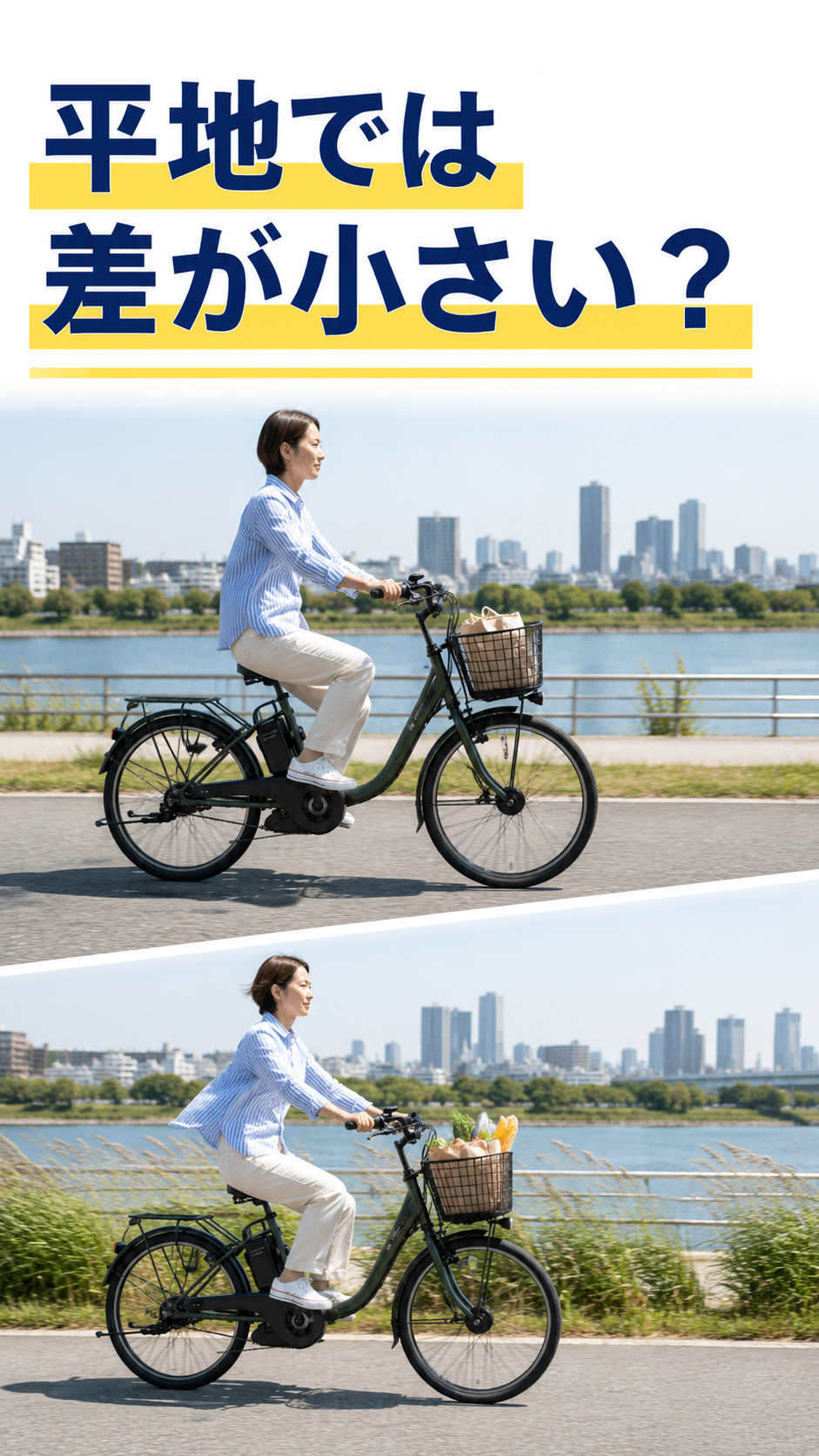 信号の少ない平坦な道を電動アシスト自転車で走る場面