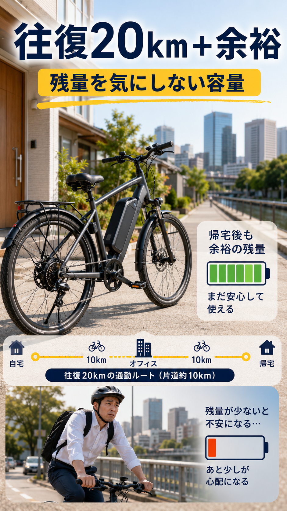 往復20kmの通勤後も残量に余裕がある電動アシスト自転車のバッテリー