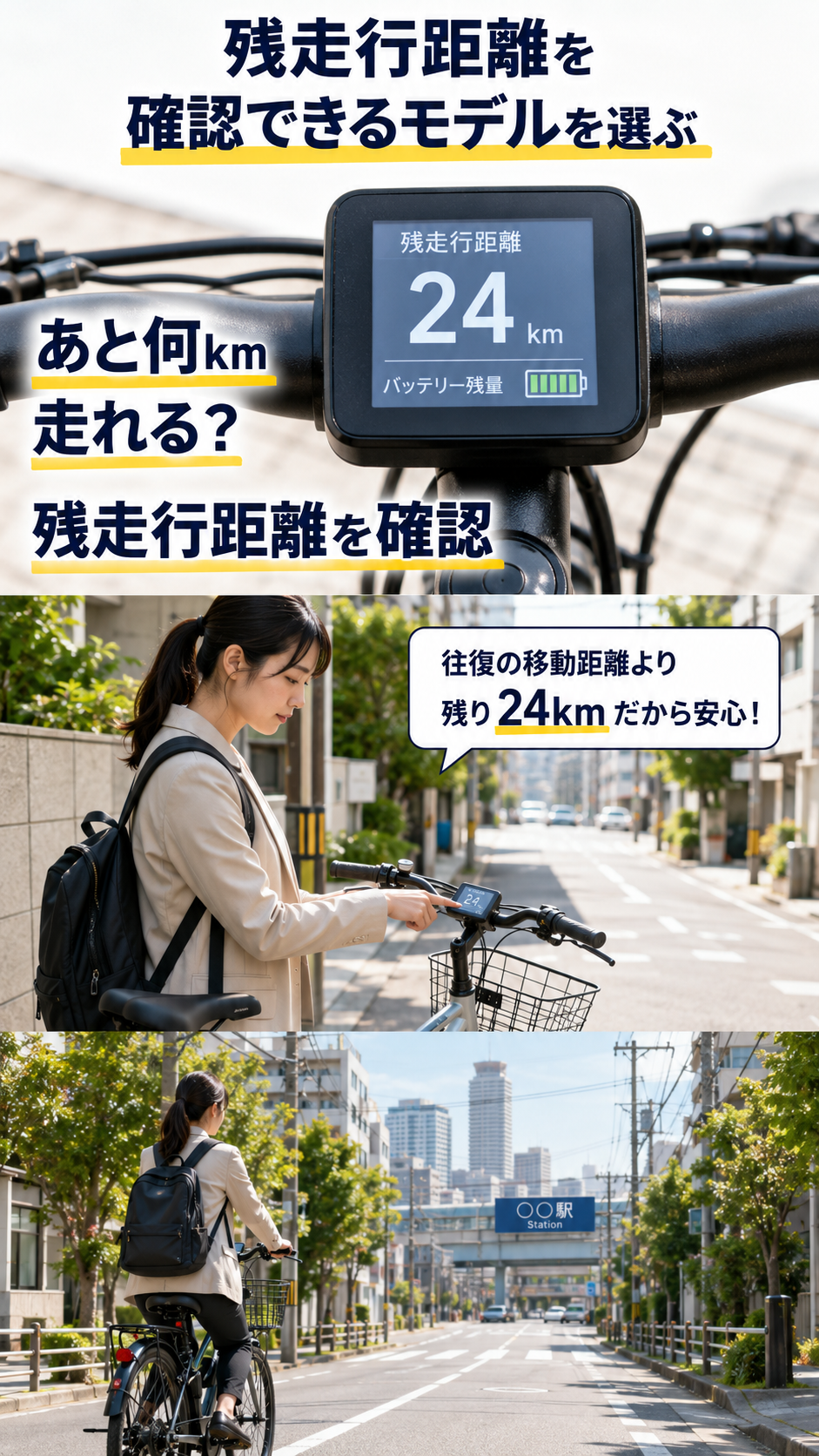 目的地までの残走行距離をキロ表示で確認できる電動アシスト自転車のメーター
