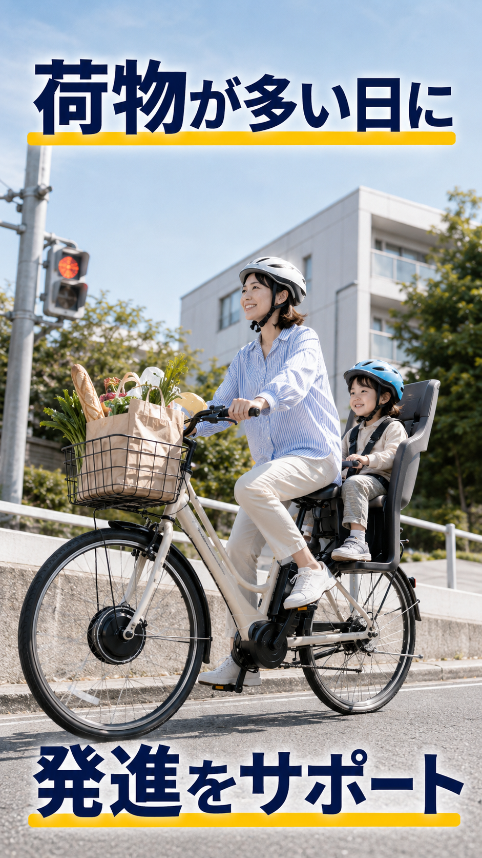 子どもと買い物荷物を載せた状態で坂道を発進する前輪駆動の電動アシスト自転車