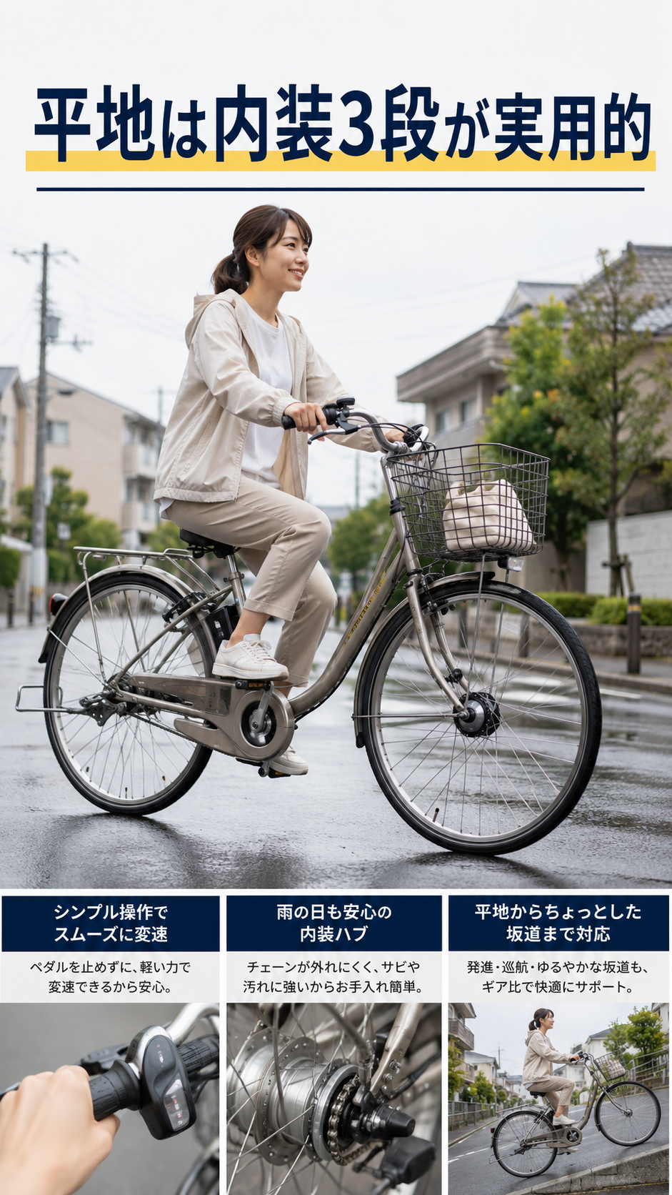 平坦な道を内装3段変速の電動アシスト自転車で走る場面