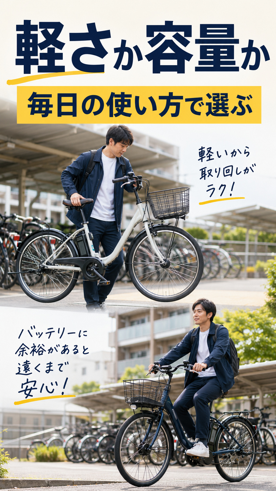 軽量モデルと大容量バッテリーモデルの取り回しと走行性能を比較する画像