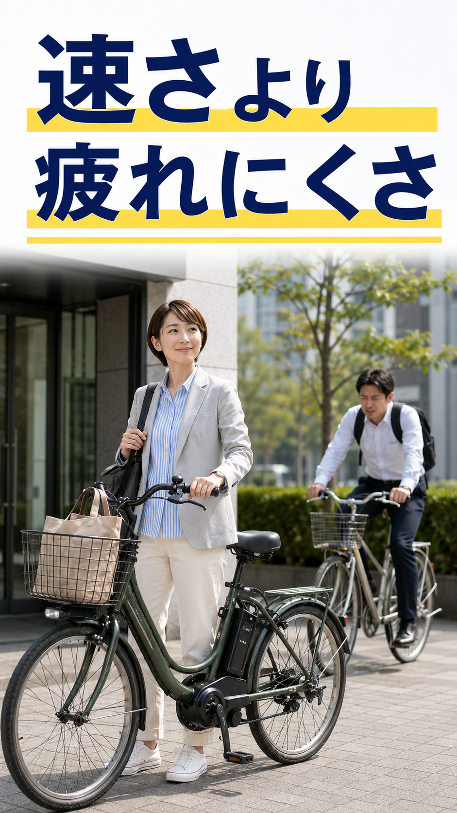 電動アシスト自転車で疲労を抑えて通勤先に到着する場面