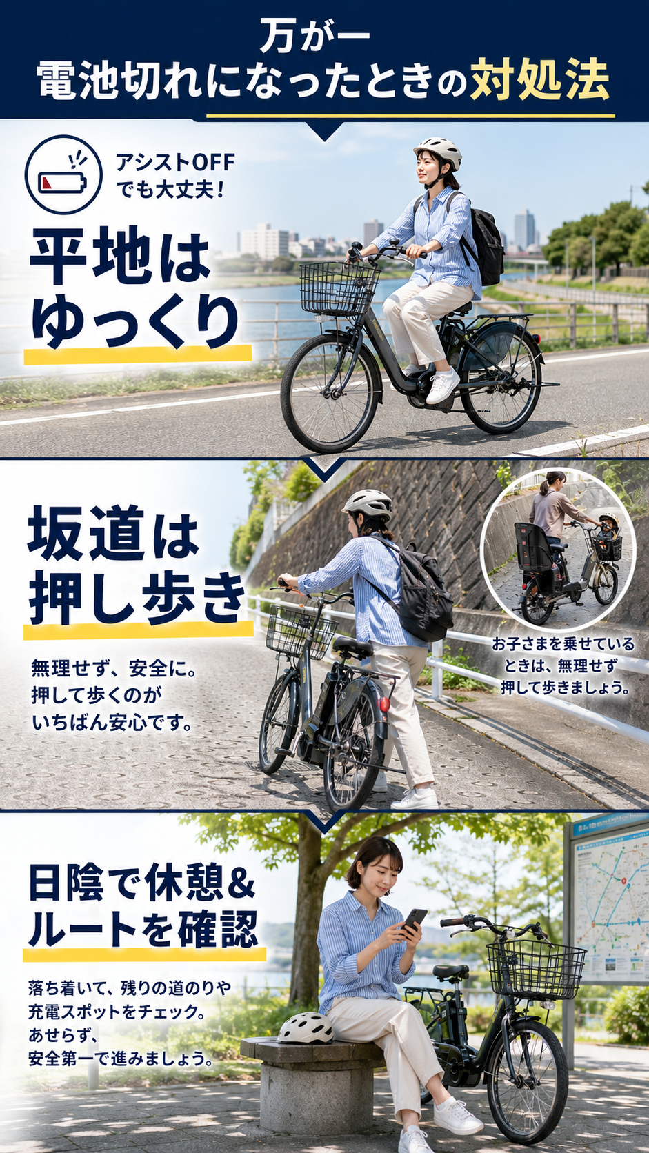 電池切れ後に平地をゆっくり走り坂道では安全に押し歩く対処法