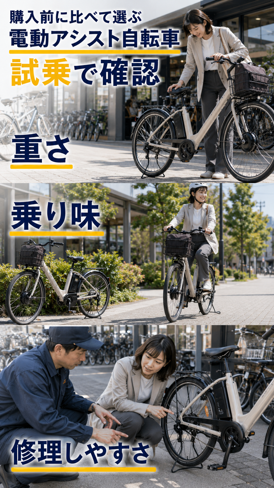 車体重量や乗り味、バッテリー、修理対応を試乗と店頭確認で比較する様子