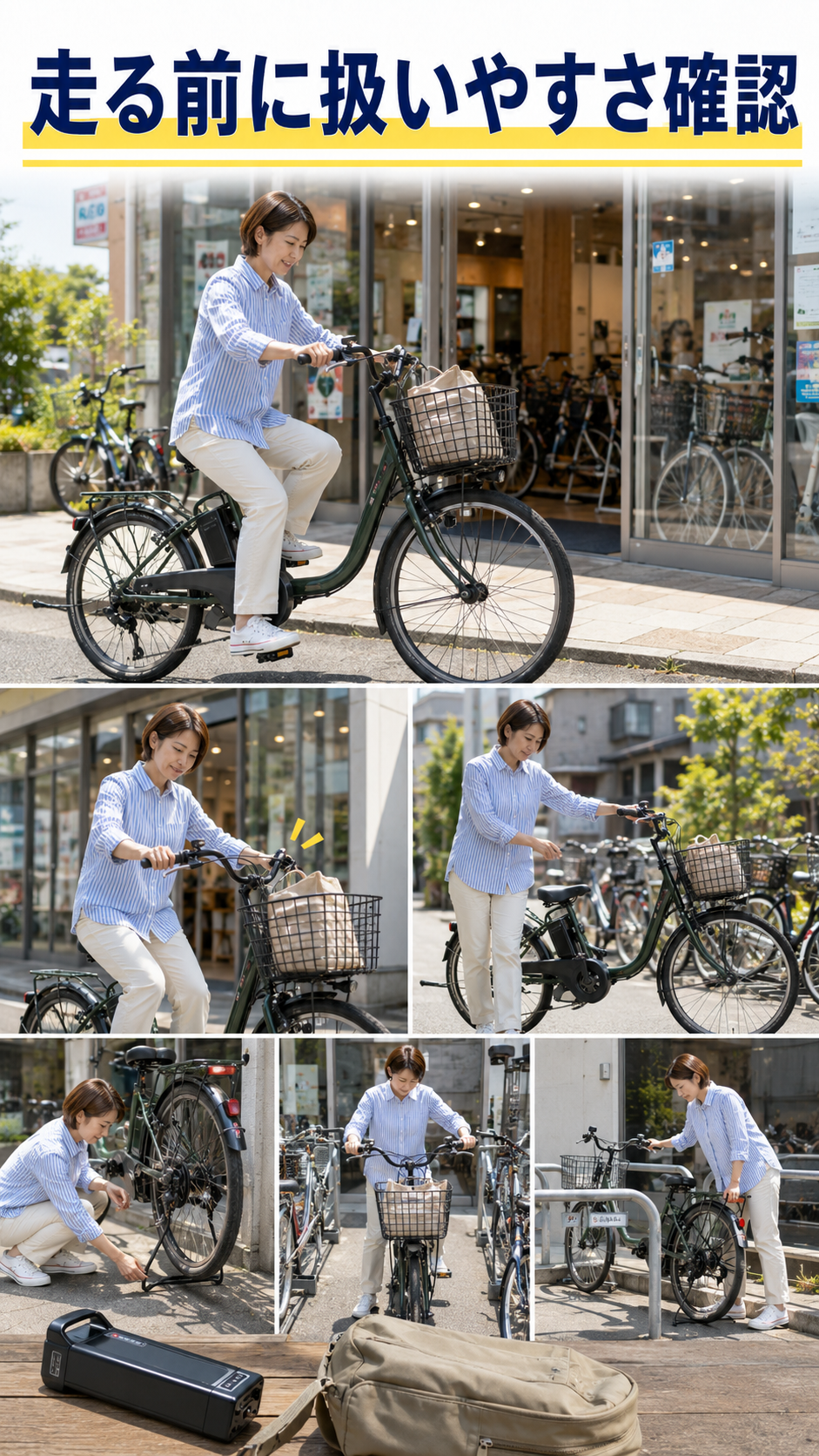 購入前に電動アシスト自転車の操作性を試乗で確認する場面